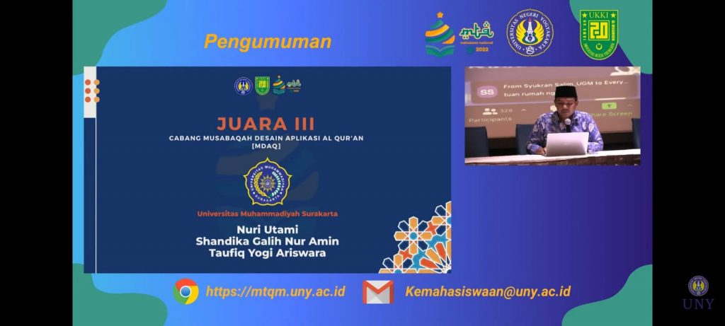 3 Mahasiswa UMS Raih Juara 3 Tingkat Nasional di Ajang MTQ Mahasiswa Nasional