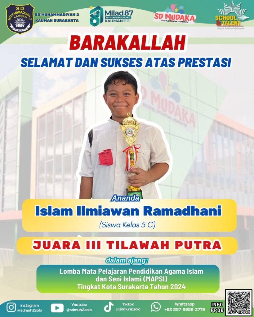 SD Muhammadiyah 2 Kauman (Mudaka) Solo berhasil meraih juara 3 Lomba Mata Pelajaran Pendidikan Agama Islam dan Seni Islami (MAPSI) Tingkat Kota Solo untuk cabang lomba Seni Rebana dan Tilawah Putra, Selasa (8/10/2024)
