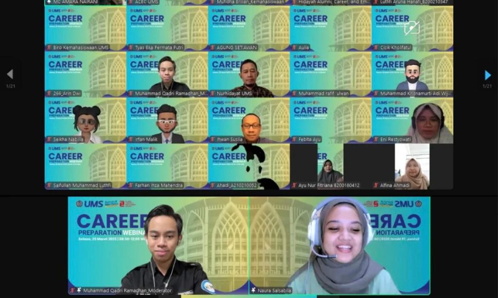 Universitas Muhammadiyah Surakarta (UMS) melalui Alumni Career and Employment Center (ACEC) kembali menyelenggarakan Career Preparation Webinar sebagai bagian dari rangkaian pembekalan untuk calon wisudawan. Kegiatan ini diikuti 748 peserta dari berbagai fakultas.