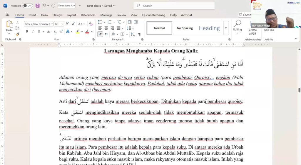 Dosen Fakultas Agama Islam (FAI) Universitas Muhammadiyah Surakarta (UMS), Ainur Rha’in, memberi pemaparan dalam kajian. (Humas)
