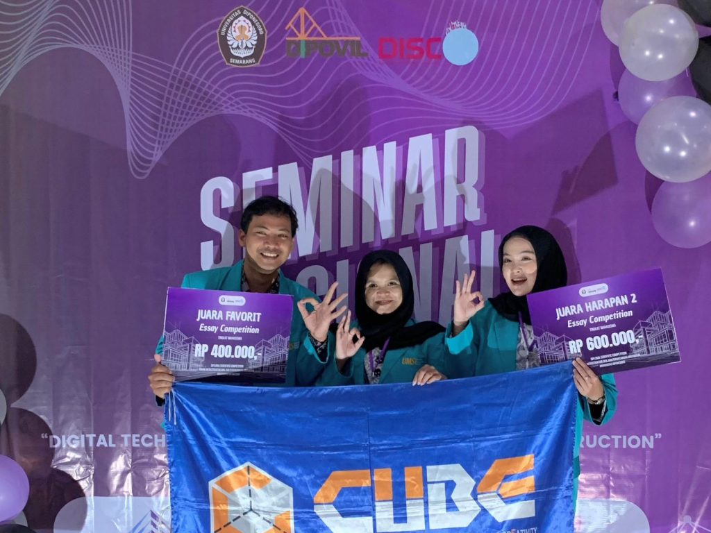 Tim ARUTALA Civil Engineering Unity for Building Innovation and Creativity (CUBE) Universitas Muhammadiyah Surakarta (UMS) kembali menorehkan prestasi membanggakan dalam kancah nasional. Kali ini, dalam ajang The 8th Diploma Civil and Architecture Scientific Competition DISCO dengan tema “Digital Technology for Smart and Sustainable Construction. (Humas)