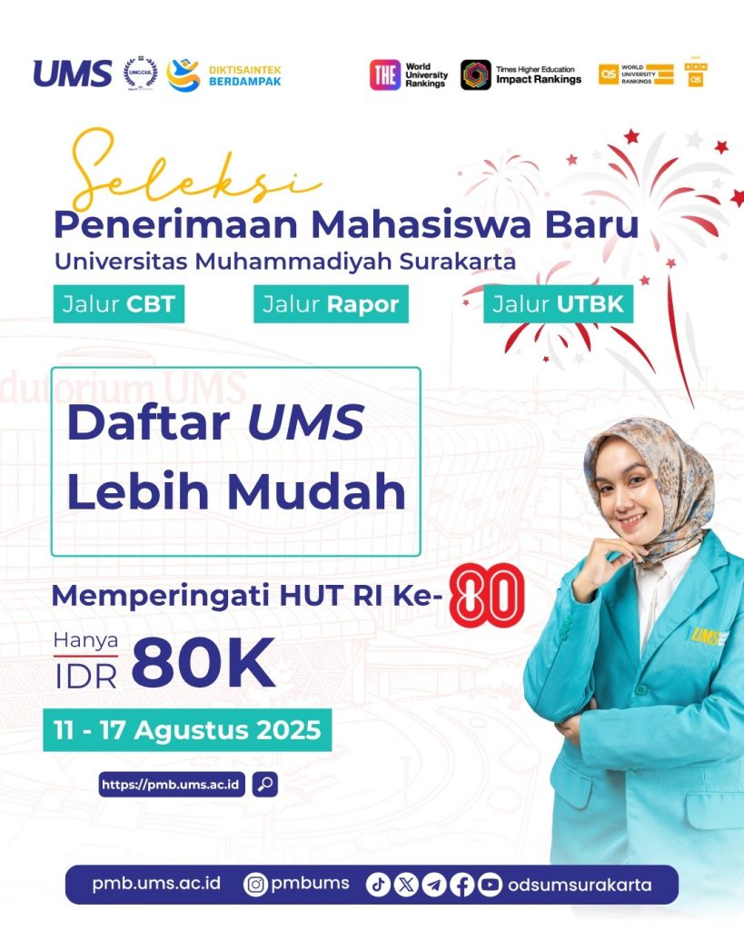 Universitas Muhammadiyah Surakarta (UMS) memberikan kesempatan istimewa bagi calon mahasiswa baru program sarjana dengan menawarkan biaya pendaftaran hanya Rp80 ribu. Program ini berlaku khusus selama periode 11-17 Agustus 2025, bertepatan dengan peringatan Hari Ulang Tahun (HUT) ke-80 Republik Indonesia (RI).