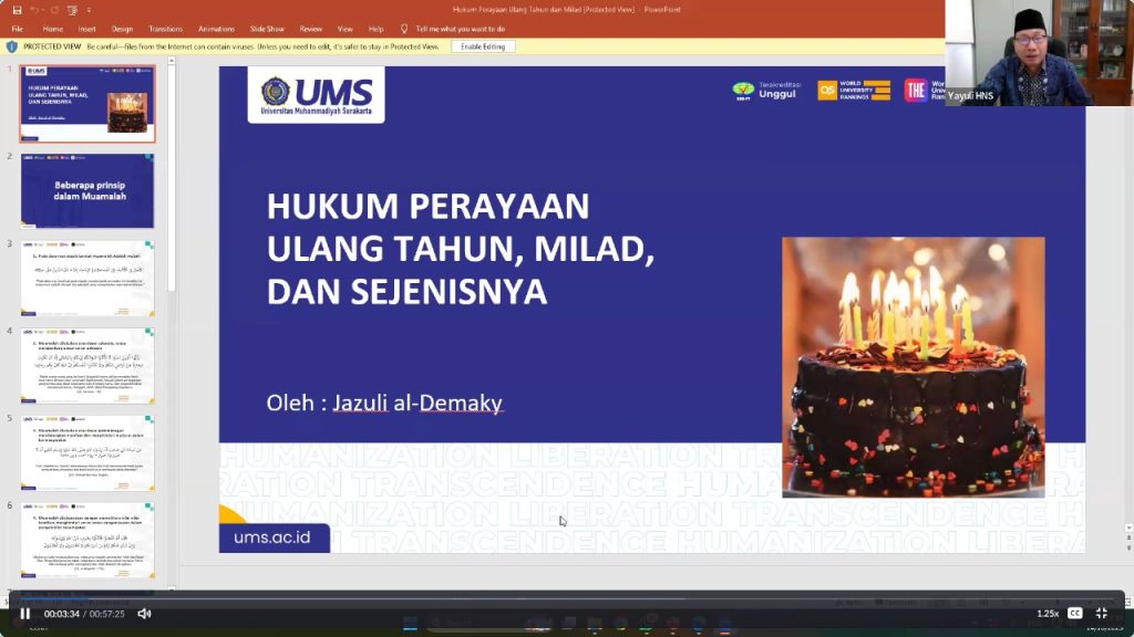 Universitas Muhammadiyah Surakarta (UMS) kembali menggelar Kajian Tarjih Online ke-195 dengan tema “Hukum Perayaan Ulang Tahun, Milad, dan Sejenisnya” pada Selasa, (14/10/2025). Kajian rutin ini menghadirkan narasumber Yayuli selaku kepala Pondok Hajjah Nuriyah Shabran UMS dan salah satu dosen Fakultas Agama Islam (FAI) UMS.