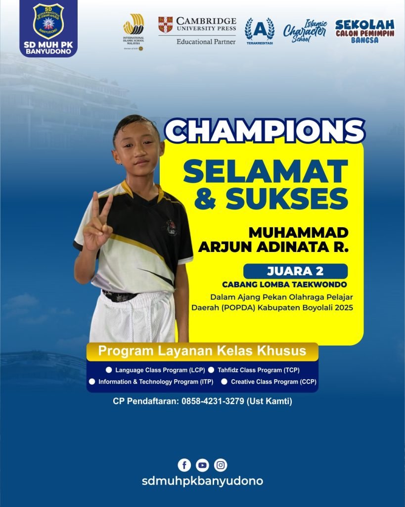 Prestasi ditorehkan siswa-siswi SD Muhammadiyah Program Khusus (PK) Banyudono pada ajang Pekan Olahraga Pelajar Daerah (Popda) Kabupaten Boyolali 2025. Dua atlet cilik kebanggaan sekolah berhasil memborong juara di cabang olahraga Taekwondo dan mengharumkan nama sekolah di tingkat kabupaten.