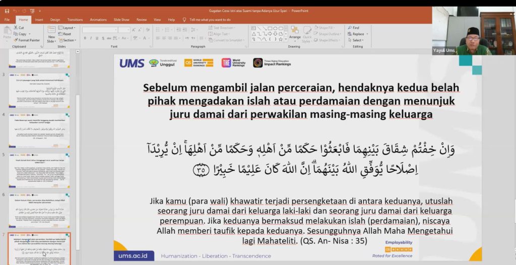 Universitas Muhammadiyah Surakarta (UMS) kembali hadir menyelenggarakan Kajian Tarjih Online. Pada kesempatan ini Yayuli hadir menjadi narasumber dengan mengangkat tema “Gugatan Cerai Istri atas Suami Tanpa Adanya Udzur Syar'i” pada Selasa, (18/11/2025).