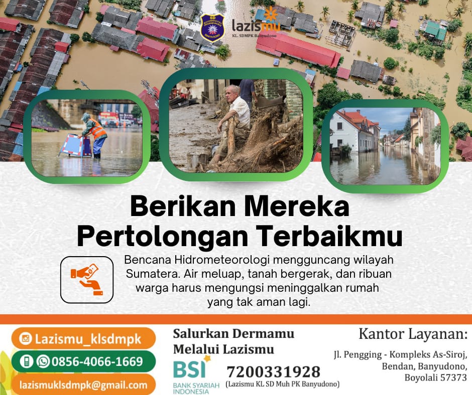 SD Muhammadiyah PK Banyudono Boyolali menggelar salat gaib dan “Penggalangan Donasi Peduli Banjir Aceh dan Sumatra Barat”, Selasa (2/12/2025), di halaman Masjid Asy-Syiroj dan halaman sekolah. Kegiatan yang diikuti sekitar 550 siswa, 40 guru dan karyawan ini berlangsung khidmat.