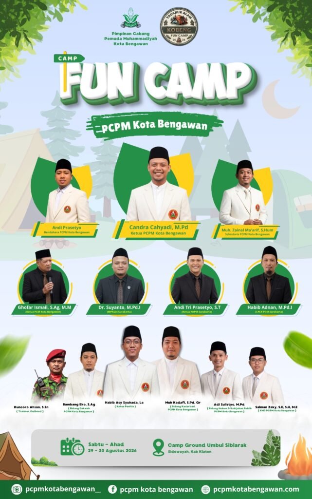 Pimpinan Cabang Pemuda Muhammadiyah (PCPM) Kota Bengawan menyiapkan Kobeng Fun Camp 2026 sebagai ruang pertemuan dan penguatan kapasitas remaja masjid di wilayah Pasar Kliwon, Surakarta. Kegiatan tersebut akan berlangsung di Camp Ground Umbul Siblarak, Sidowayah, Klaten, 29–30 Agustus 2026.