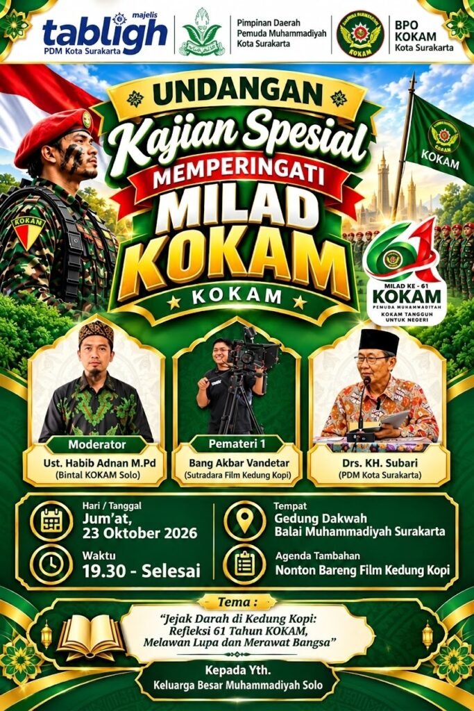 Pimpinan Daerah Pemuda Muhammadiyah Kota Solo akan menggelar kajian peringatan Milad ke-61 Komando Kesiapsiagaan Angkatan Muda Muhammadiyah (KOKAM) sekaligus nonton bareng film Kedung Kopi pada Jumat (23/10/2026), pukul 19.30 WIB.